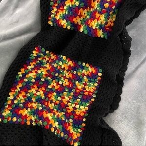Handmade Crochet Rainbow Black Afghan Blanket Throw Granny Square OS